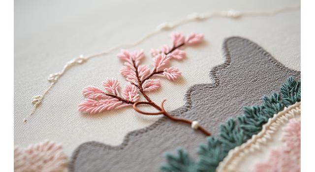 精巧な刺繍が施されたコットン生地、日本の風景モチーフ