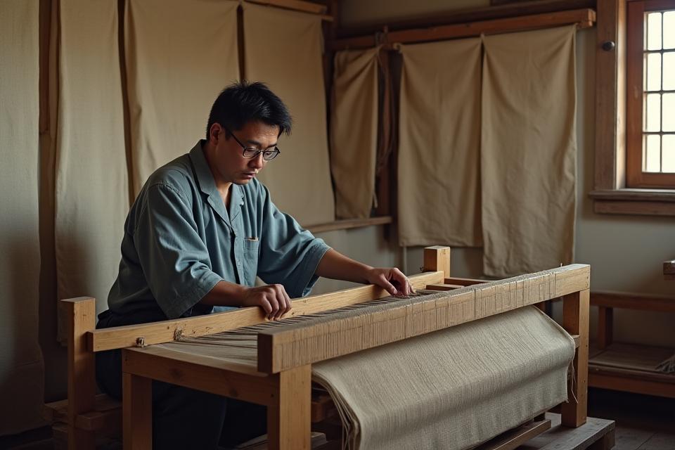 1950年代の東京の織物工房、職人が古い手織り機で作業している様子