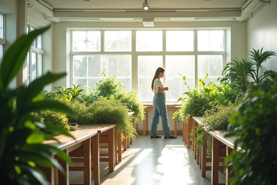 1990年代、環境に配慮した工場風景、自然光が差し込む中で作業する風景