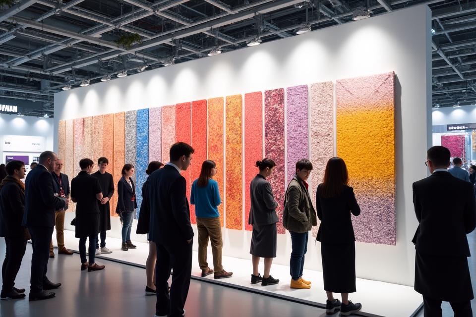 2010年代の国際的なテキスタイル展示会のブース、カラフルでモダンな生地が展示されている